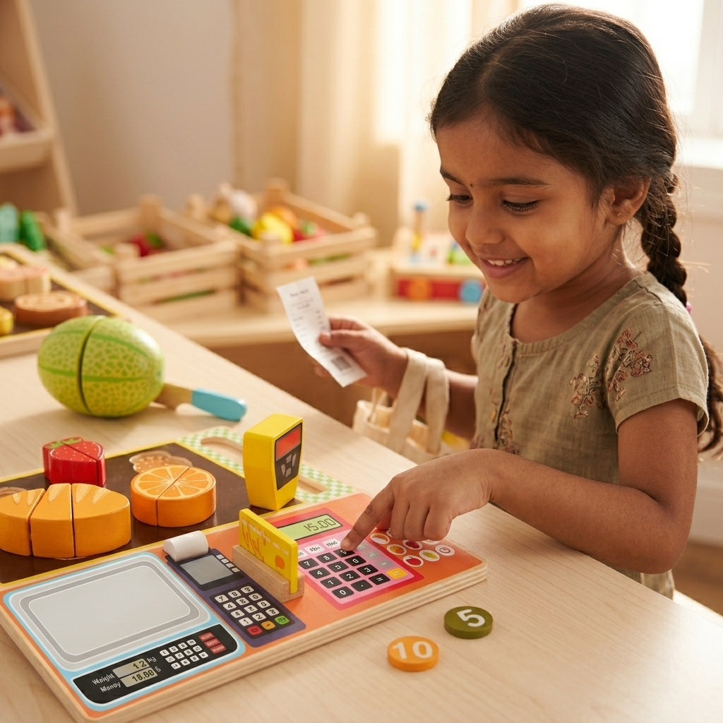 Wooden Fruit Store Cash Register Set | Ages 4-8 | Pretend & Play