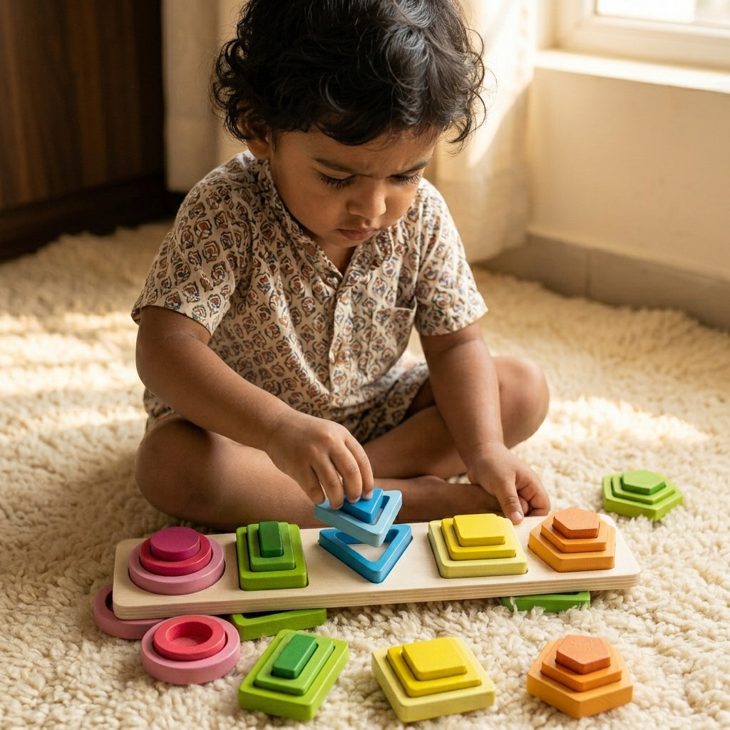 Wooden Geometric Shape Sorting Stacking Toy | Ages 2–5